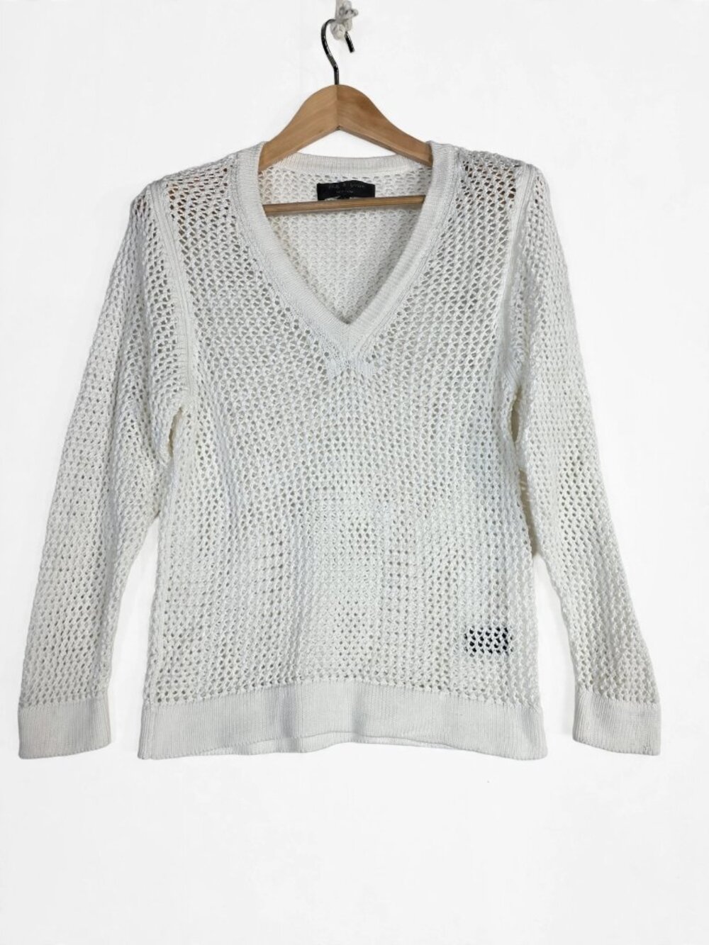 rag & bone White Crochet Knit V-Neck Sweater Size S